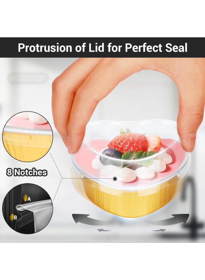 Arabest Heart Shaped Baking Pans, 3.4oz 50pcs Aluminum Foil Cupcake Baking Cups with Lids, Valentines Day Gifts, Pie Ramekins Desserts Flans, Custard Cake Pudding Jello Cups, Wedding Party -Gold - Image 4